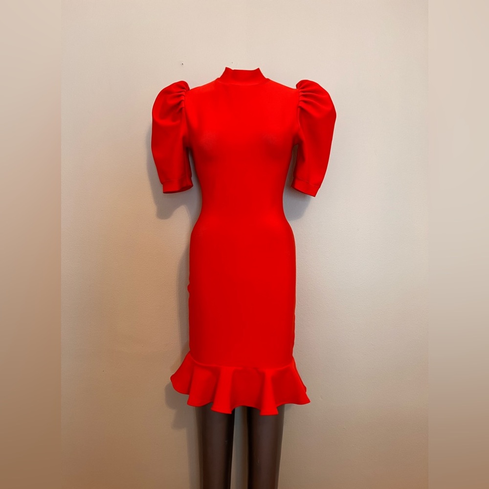 Red Slimming Stretch Dress with Exaggerated Sleeves Size M by Tiffany Houghton